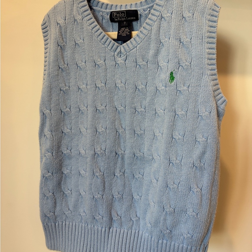 Polo by Ralph Lauren Easter Light Blue Cable Knit V-Neck Sweater Vest